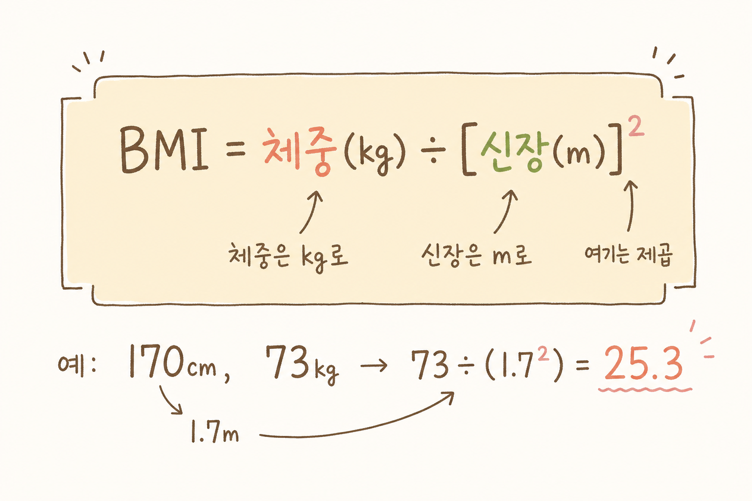 BMI 계산 공식을 강조하는 박스형 공식 시각화. 공식의 각 요소(체중, 신장, 제곱)를 색깔로 구분하고 변수 설명 포함. 계산 단계별 화살표와 예시(170cm, 73kg → 25