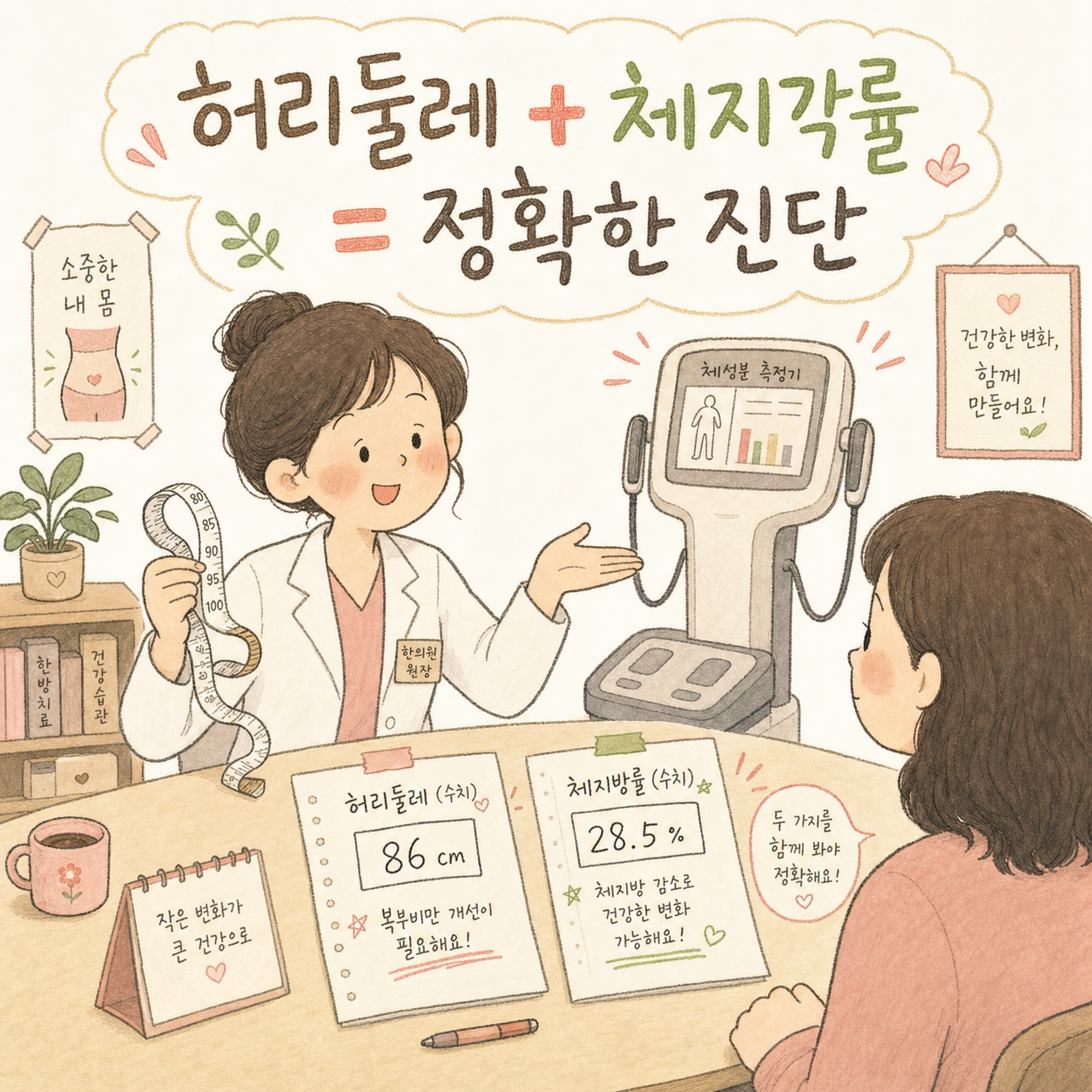 The doctor showing a measuring tape and a body composition analyzer to a patient. There are notes on the table with various figures like waist circumference and body fat percentage. The doctor's expression is hopeful and encouraging.
