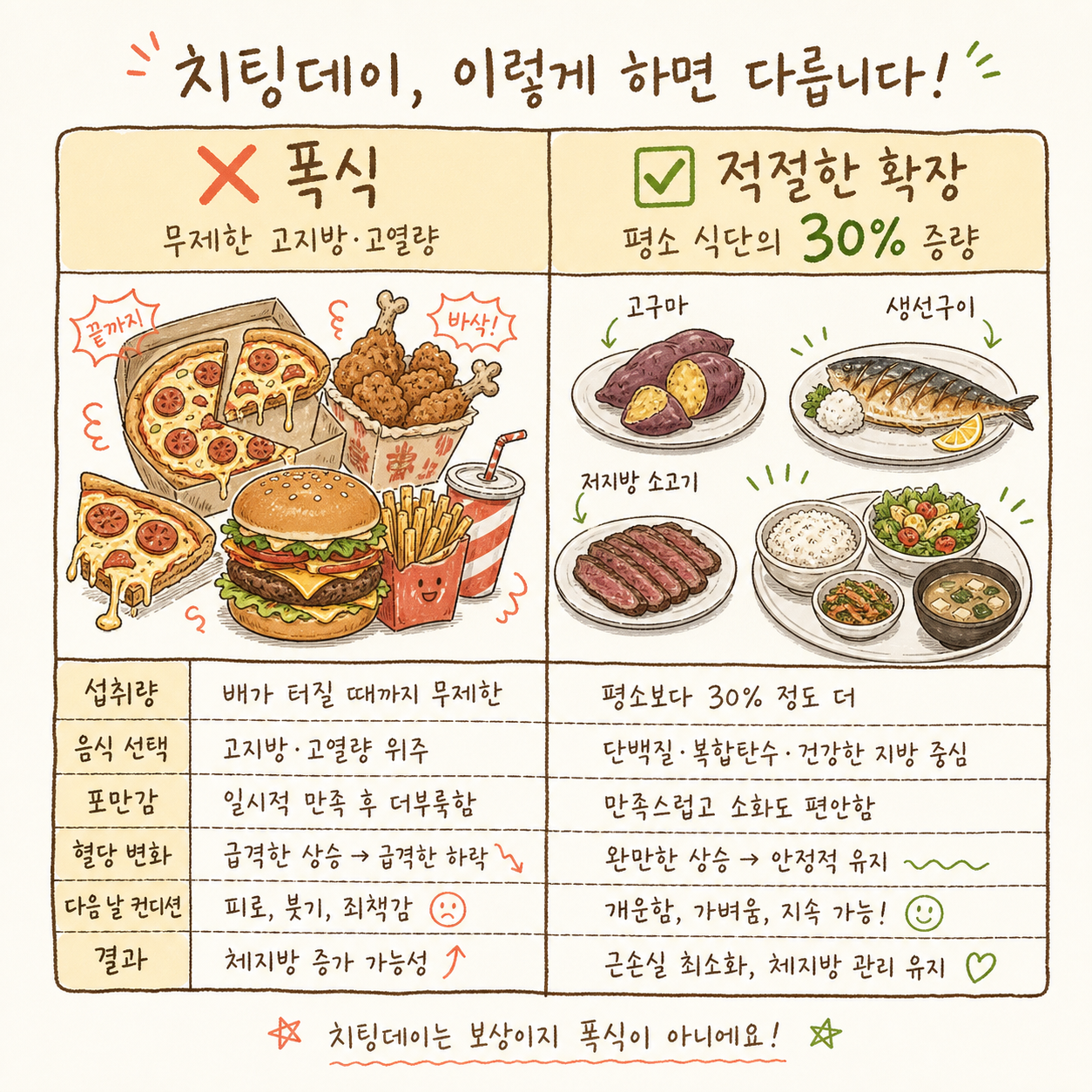 2열 비교표 형식. 좌측은 ❌로 표시된 잘못된 치팅데이 (피자, 튀긴 치킨, 햄버거 세트 등 고지방·고열량 폭식 이미지). 우측은 ✅로 표시된 올바른 치팅데이 (고구마, 생선, 저