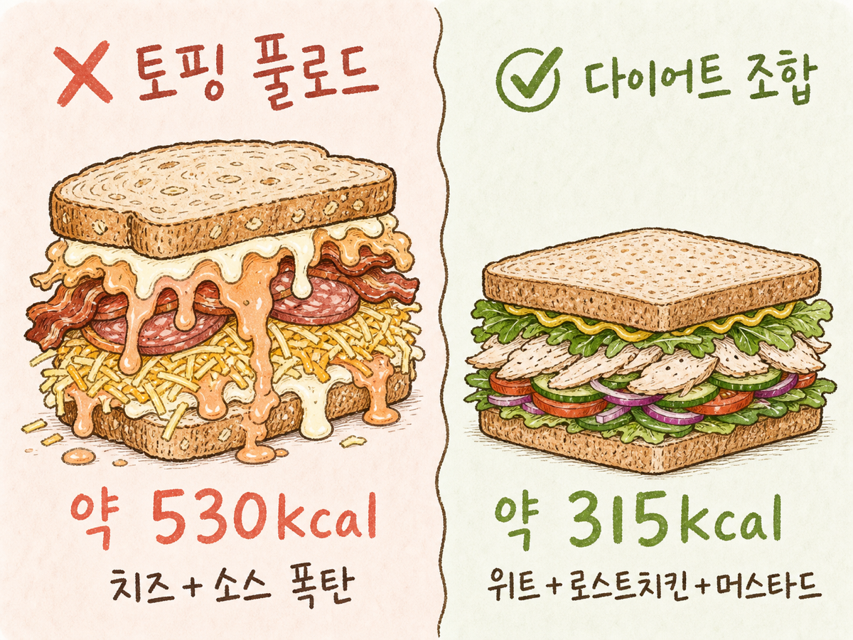 서브웨이 다이어트 비교 — 토핑 풀로드 530kcal vs 다이어트 조합 315kcal