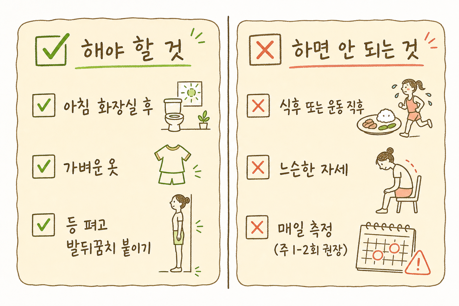 정확한 측정을 위한 체크리스트. ✅해야 할 것(아침 화장실 후, 가벼운 옷, 등 펴기)과 ✗하면 안 되는 것(식후 측정, 운동 직후, 자세 흐트러짐)을 좌우로 배치. 아이콘과 함께