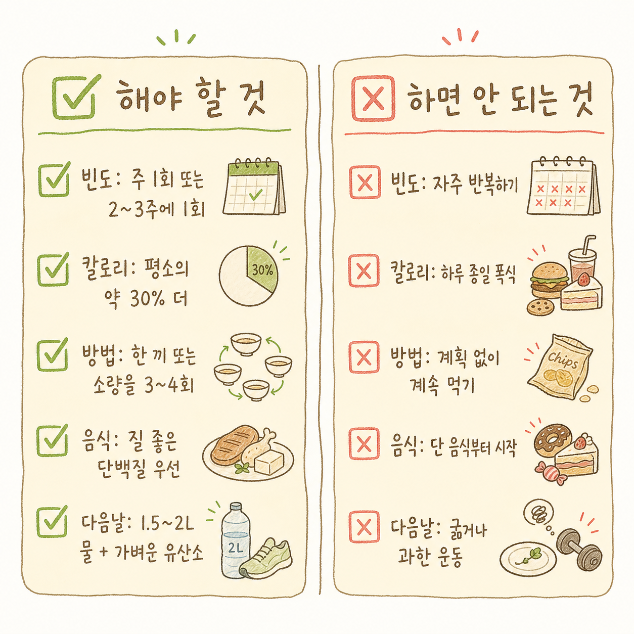 체크리스트 형식으로 안전한 치팅데이의 5가지 핵심 룰을 정렬. 각 항목마다 큼직한 ✅ 체크마크와 함께 빈도, 칼로리, 방법, 음식 선택, 다음날 관리를 명확하게 나열하여 한눈에 기