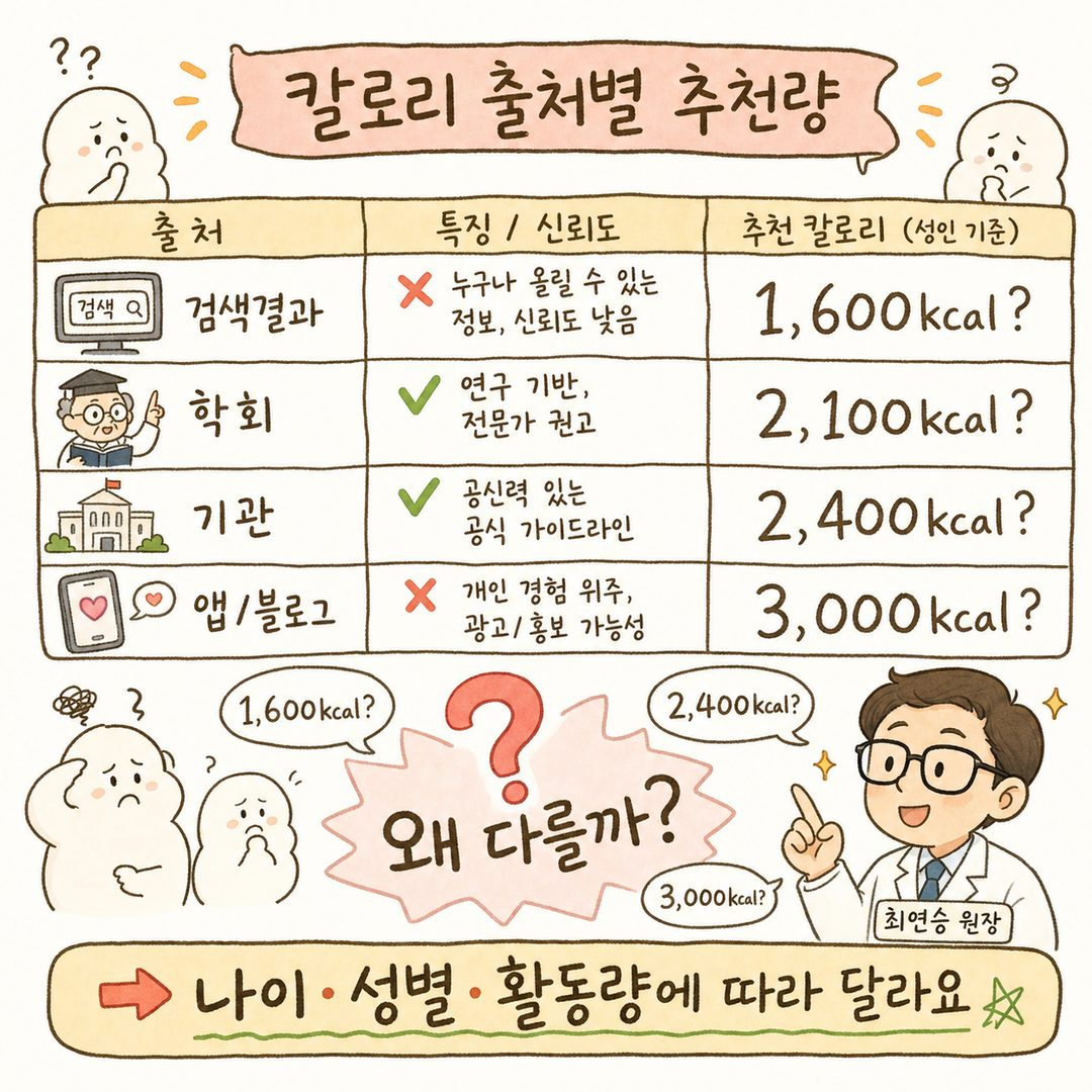 혼란스러운 칼로리 정보 출처들을 비교 표로 정리한 시각화. 좌측에는 여러 검색결과·학회·기관 아이콘을 나열하고, 우측에는 각각 제시하는 추천 칼로리(1,600 / 2,100 / 2