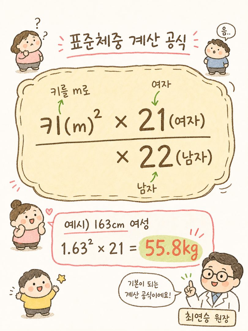 표준체중 계산 공식을 박스 형태로 명확하게 정리한 시각화. 상단에 수식을 크게 표시하고, 하단에 실제 예시(키 163cm 여성)를 단계별로 보여주어 계산 과정을 따라갈 수 있도록.
