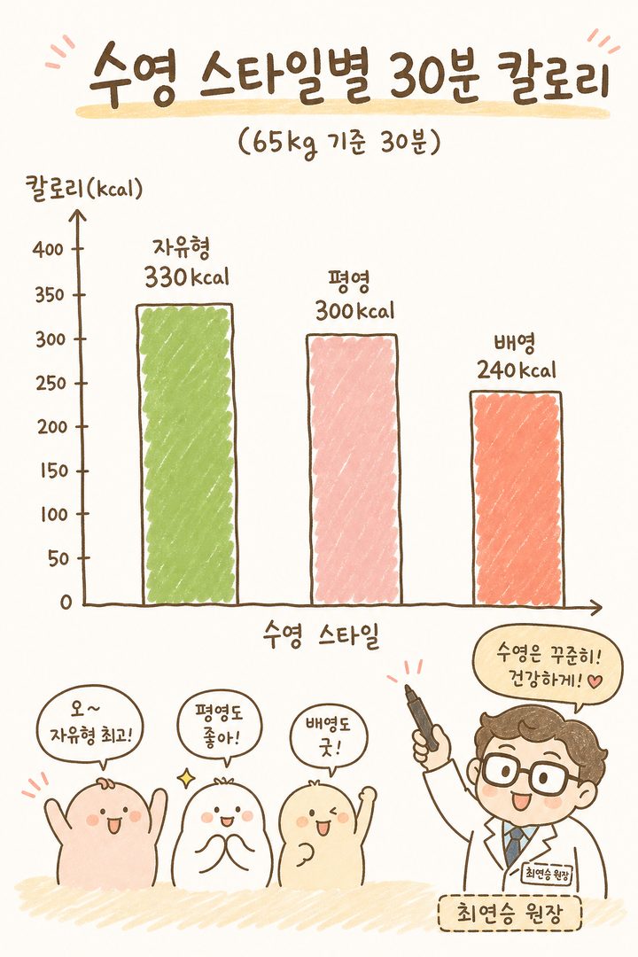 65kg 기준 수영 스타일별 30분 칼로리 소모량을 비교하는 세로 막대 차트. 자유형(330kcal 기준 녹색 높은 막대), 평영(300kcal 파란 막대), 배영(240kcal