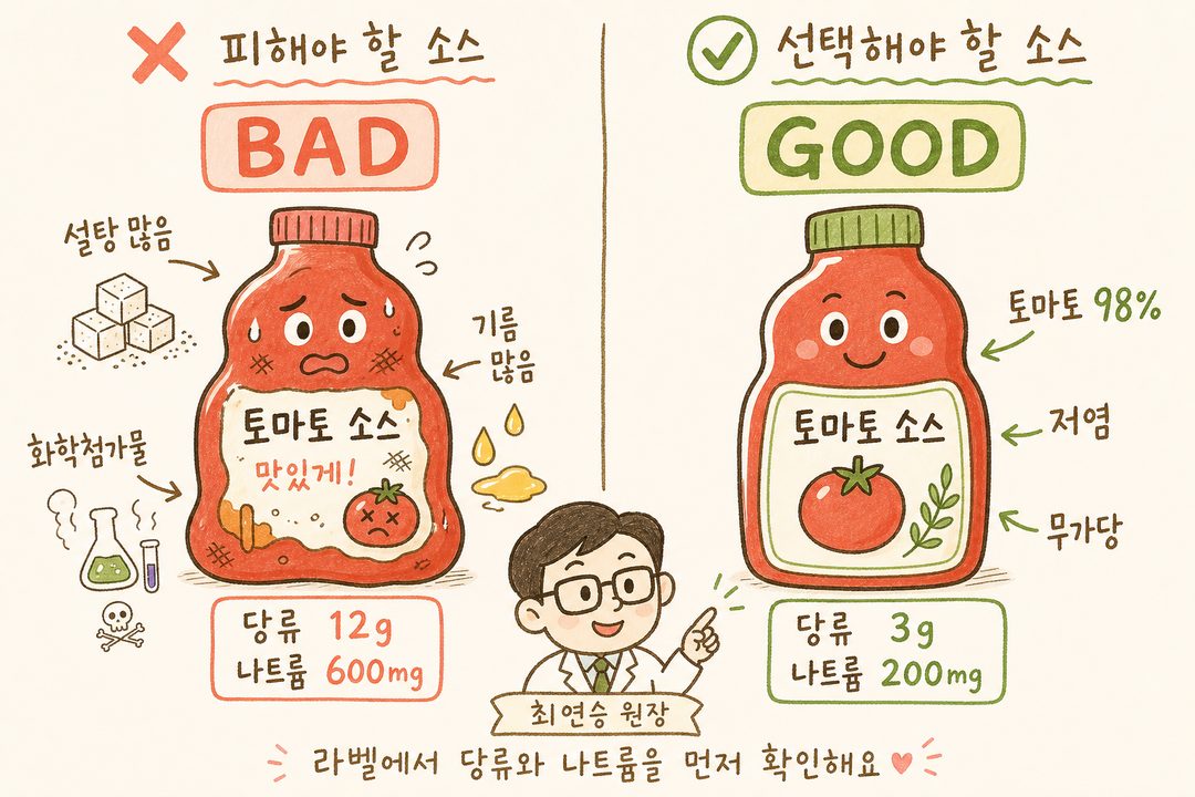 ❌ vs ✅ 두 가지 토마토소스 병 라벨을 좌우 배치. 왼쪽은 화학첨가물·설탕·기름 많은 제품, 오른쪽은 토마토 98%·저염·무가당 제품. 성분표 수치 명시