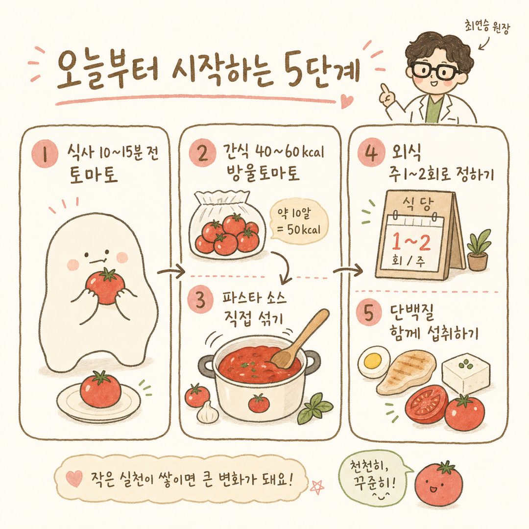 5가지 실천 포인트를 화살표로 연결한 단계 시퀀스: 1단계(식사 10분 전 토마토) → 2단계(간식용 방울토마토) → 3단계(소스 섞기) → 4단계(주1~2회 외식) → 5단계(단