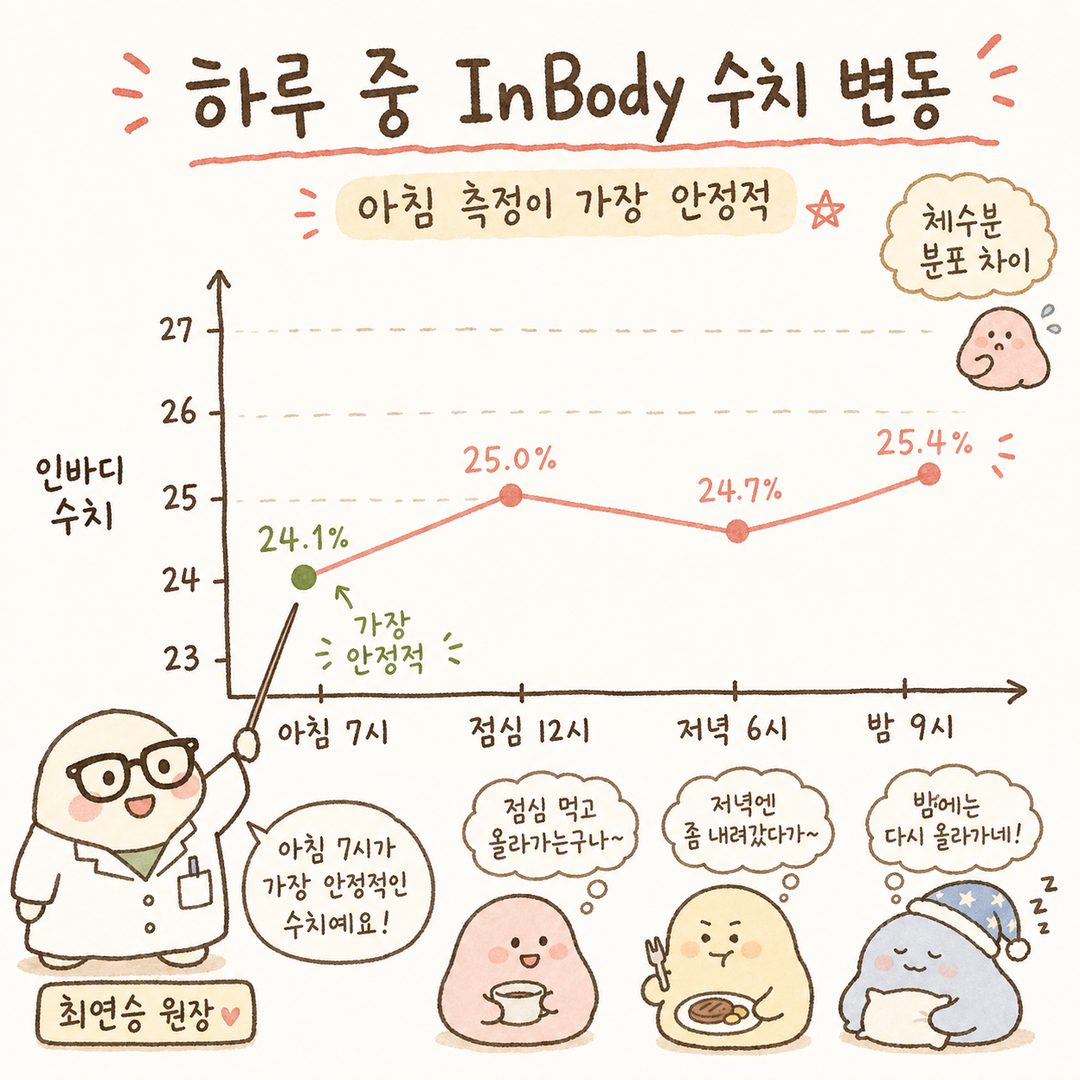 Biểu đồ đường thể hiện chỉ số InBody thay đổi như thế nào khi cùng một người đo vào các thời điểm khác nhau trong ngày (7 giờ sáng, 12 giờ trưa, 6 giờ chiều, 9 giờ tối)