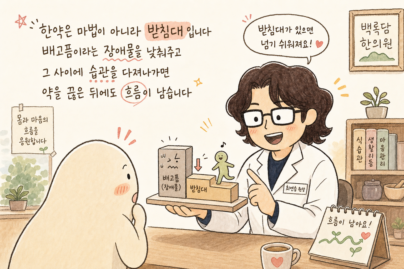 의사 캐릭터가 손에 작은 '받침대' 모형을 들고 환자를 향해 밝게 웃으며 설명하는 모습. 따뜻하고 신뢰감 있는 표정. 배경은 밝고 희망적인 톤의 진료실. 메시지: '받침대'라는 은