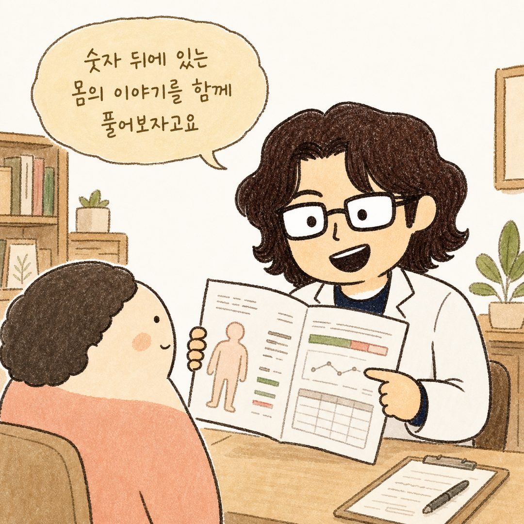 Hình ảnh Viện trưởng Phòng khám Baekrokdam đang mỉm cười ấm áp và giải thích tờ kết quả InBody cho bệnh nhân. Viện trưởng đang cầm tờ kết quả hướng về phía bệnh nhân. Bối cảnh là phòng khám với ánh sáng nhẹ nhàng.