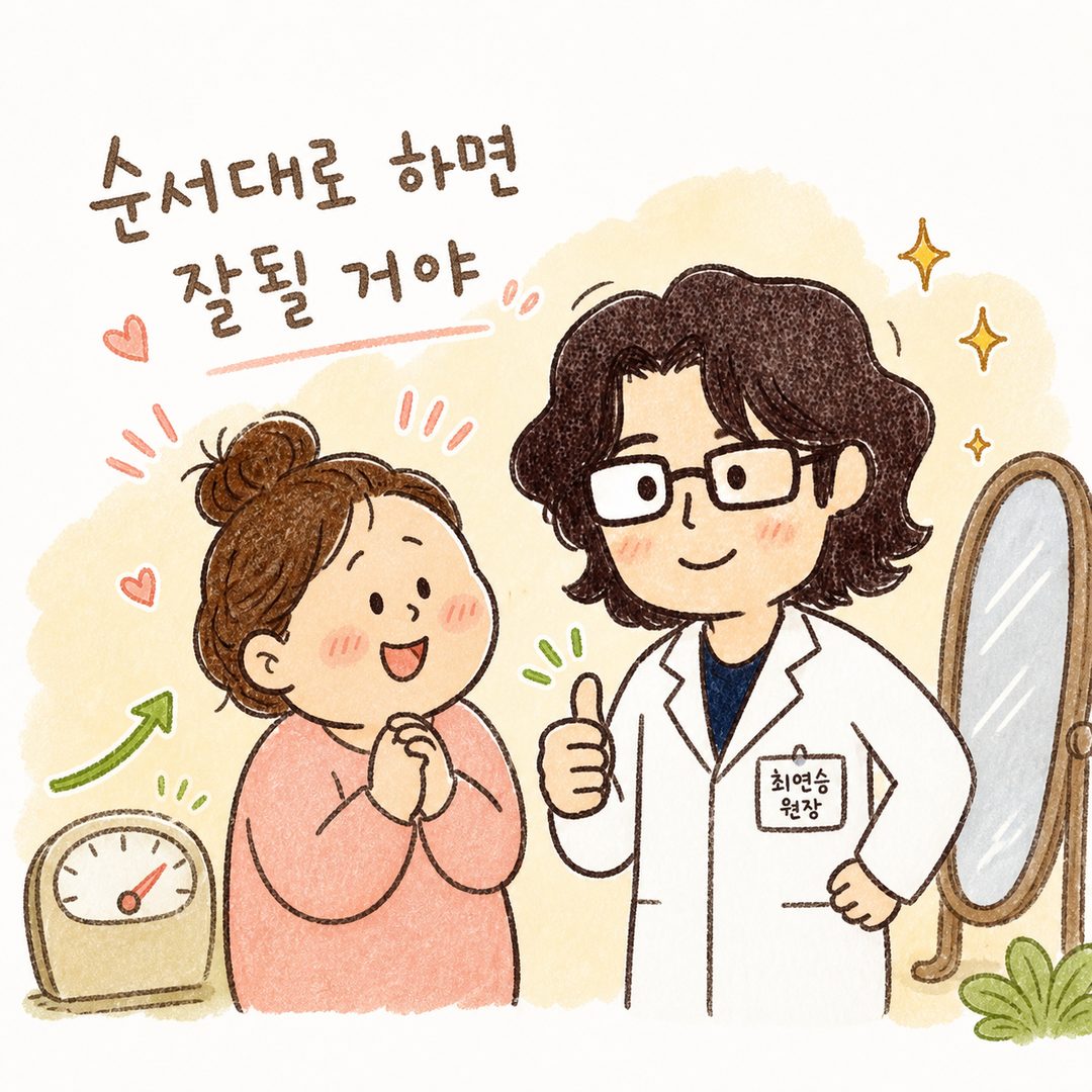 產婦角色看著鏡子微笑,或在運動後感到成就感而豎起大拇指的樣子。或是醫師諮詢後感到安心且獲得信心的表情。背景中包含顯示恢復進展的元素(體重計指針)