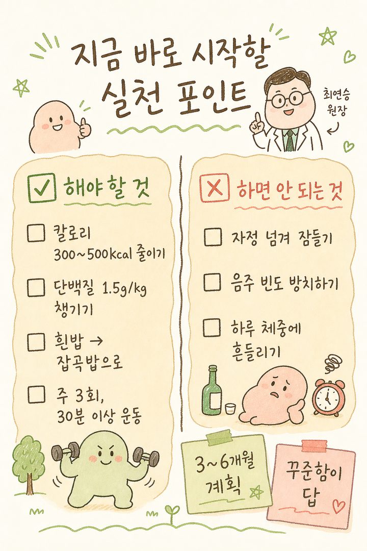 '지금 바로 시작할 실천 포인트' 제목 아래 67개의 체크리스트 항목을 수직으로 정렬. 각 항목 앞에 빈 체크박스 ☐를 배치하고, 우측에 '36개월 계획' 또는 '꾸준함이 답'