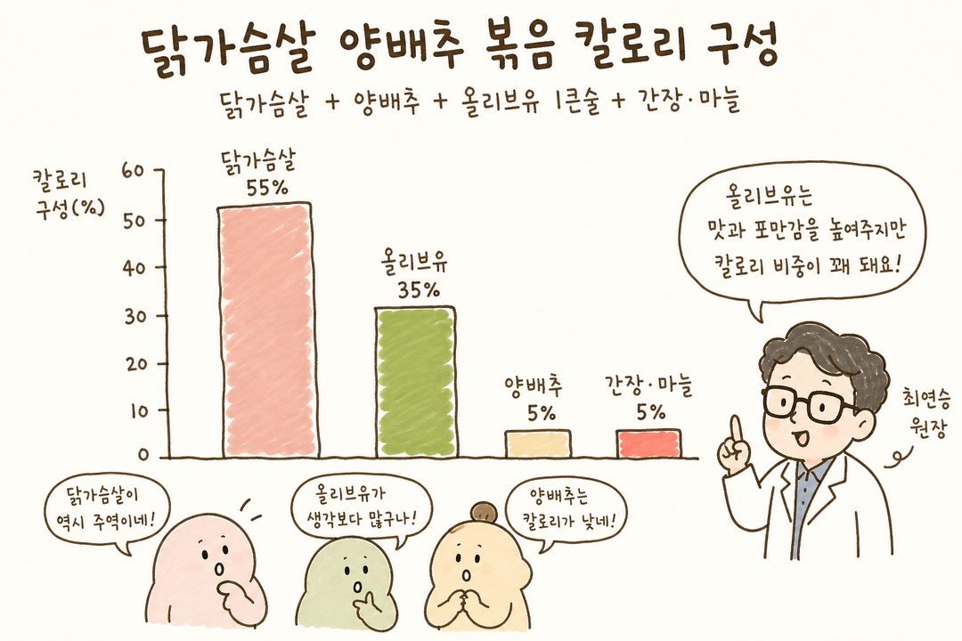 원 그래프 또는 막대 그래프로 재료별 칼로리 기여도를 표현, 닭가슴살(주요), 양배추(미미), 올리브유(중간), 양념(미미)의 비중을 색상별로 구분해 총칼로리 구성 시각화