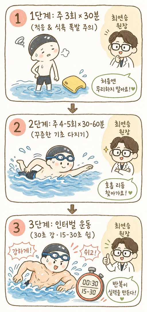 수영 빈도 단계별 진행 흐름도. 1단계(주 3회 30분/적응기)에서 시작하는 캐릭터가 2단계(주 4-5회 30-60분)로 진화하고, 3단계(인터벌 포함: 30초 강·15-30초 쉼