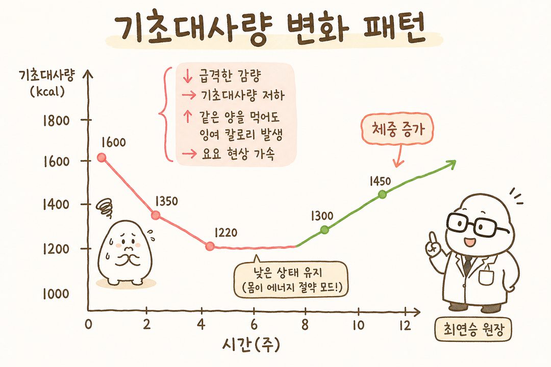 折线图显示随时间变化的基础代谢率变化。X轴为‘时间（周）’，Y轴为‘基础代谢率(kcal)’。在快速减重区间，基础代谢率急剧下降，减重结束后