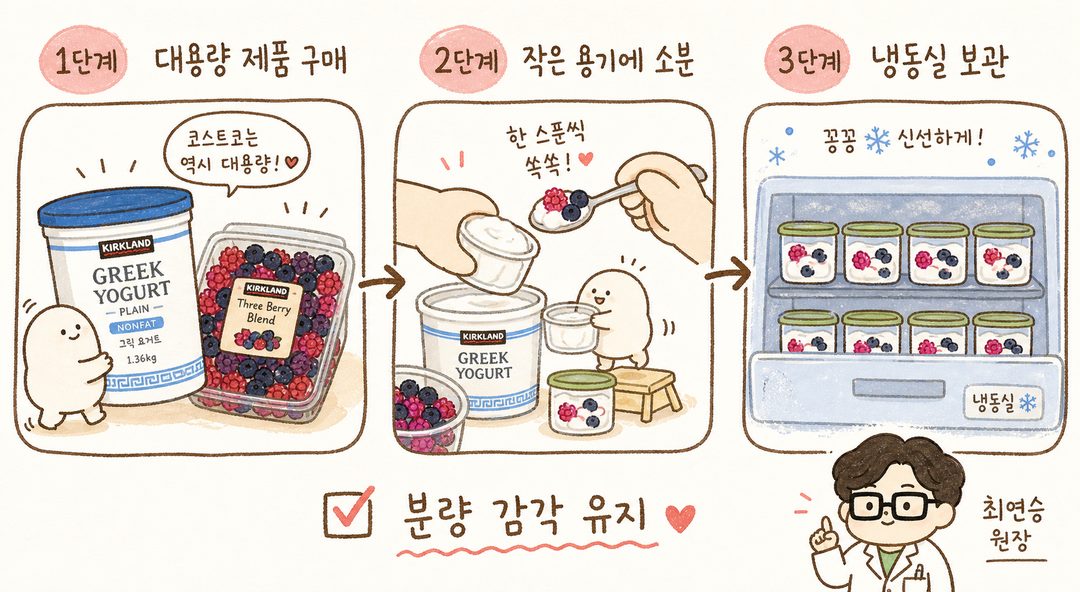 코스트코 대용량 식품을 소분·보관하는 과정을 3단계 시퀀스로 시각화. 1단계: 큰 봉지 그릭요거트·베리 구매 장면, 2단계: 손이 작은 용기에 나누는 모습, 3단계: 냉동실에 정렬