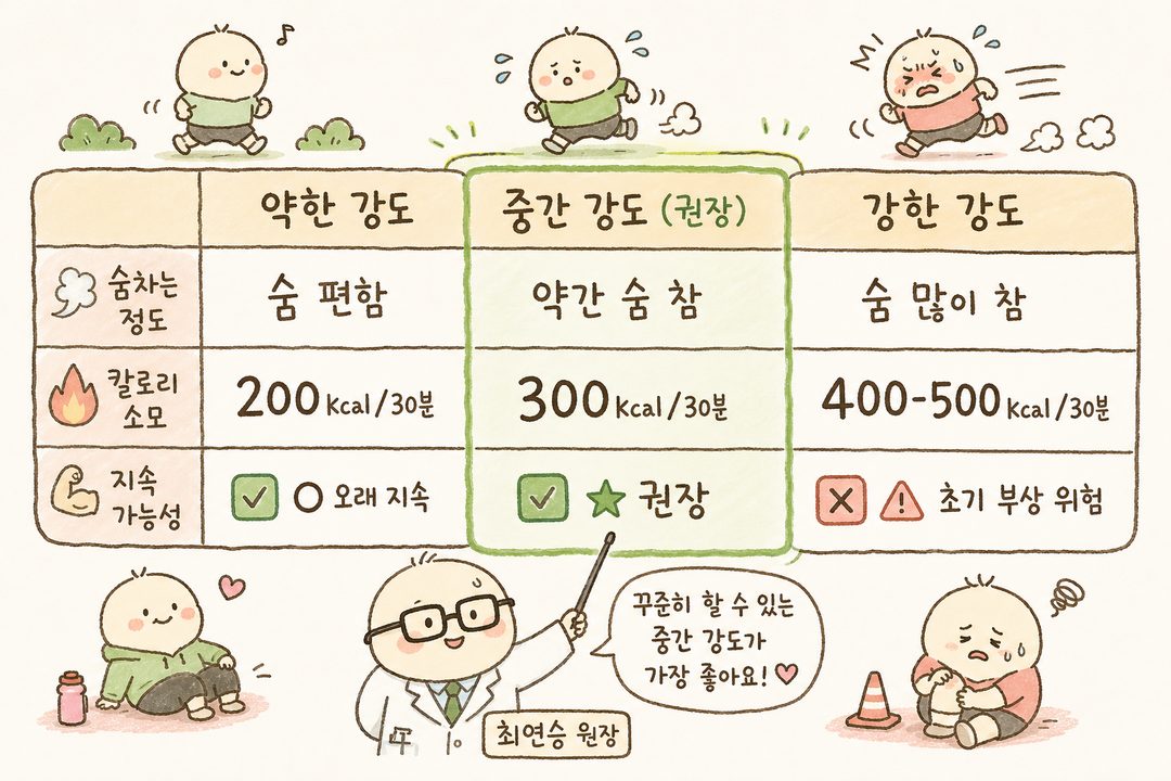 以3行對比表視覺化不同運動強度的效果。分為低強度 | 中強度(推薦) | 高強度三欄,並以喘氣程度、卡路里消耗、持續性作為行顯示。