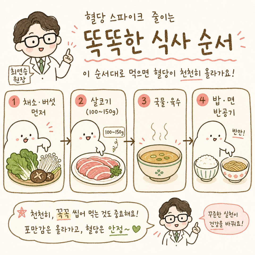 먹는 순서 4단계 시퀀스: (1)채소·버섯 먼저 → (2)살코기 → (3)국물 또는 육수 → (4)밥·면은 반만. 각 단계마다 화살표로 연결하고 손으로 가리키는 손가락 아이콘 또는