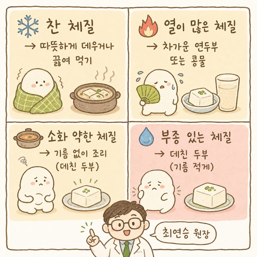 한의학 체질 4가지를 2x2 그리드로 분류. 각 칸에 체질 이름, 특징 이모지, 추천 두부 조리법을 표시. 찬 체질(얼음 아이콘→따뜻하게), 열이 많은 체질(불 아이콘→차갑게),