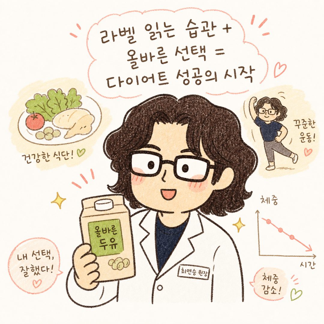 場景圖：選擇正確豆漿的角色露出滿意且健康的表情，手持豆漿微笑。背景柔和地表現出健康飲食、運動場景及體重下降曲線。