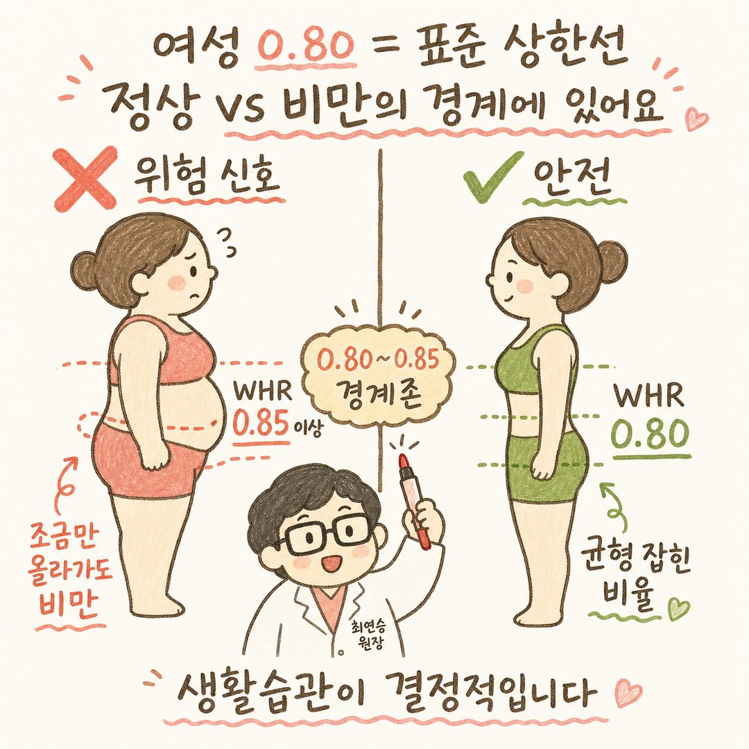 Bên trái ❌ (Tín hiệu nguy hiểm) WHR nữ từ 0.85 trở lên: Hình bóng phụ nữ có phần bụng nhô ra rõ rệt, nhấn mạnh màu cam/đỏ. Bên phải ✅ (An toàn) WHR nữ 0.80: Tỷ lệ eo và hông cân đối