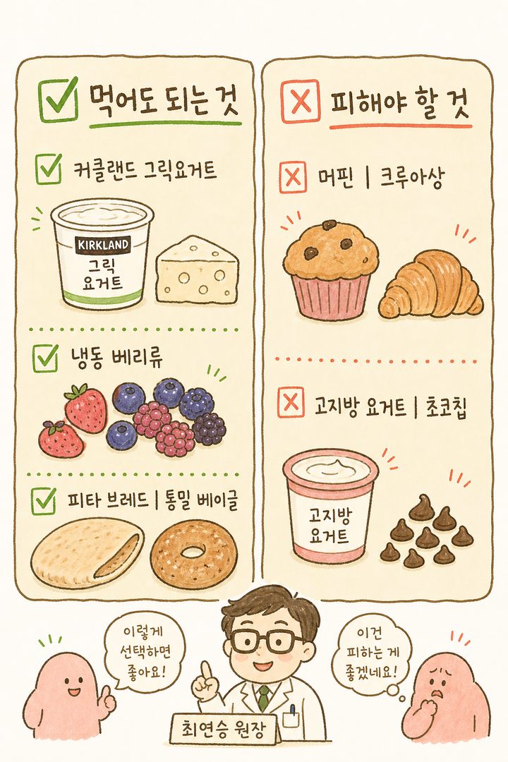 다이어트에 도움 되는 식품 카테고리를 체크리스트 형식으로 표현. ✅ 마크와 함께 요거트·치즈류, 냉동 베리류, 다이어트 빵류를 나열하고, ✗ 마크와 함께 피해야 할 식품(머핀, 크