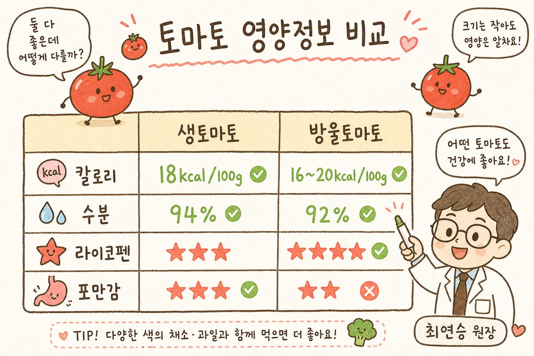 생토마토와 방울토마토의 칼로리, 수분, 라이코펜 함유량을 가로축 2열 비교표로 표시. 초록색(저칼로리 강조)과 빨간색 구분으로 영양성분 시각화