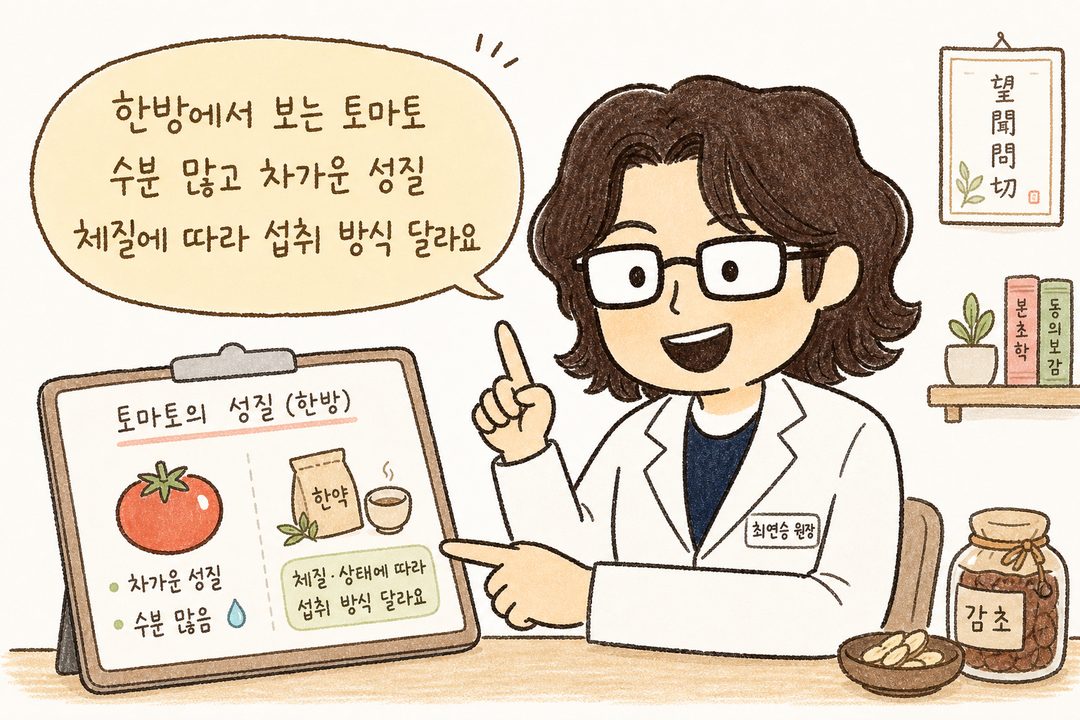 한의원 진료실 배경에서 온화한 여성 한의사가 환자에게 한약과 토마토의 성질(차가운 성질, 수분 많음)을 설명하는 장면. 손가락으로 가리키거나 진료 차트를 보여주는 제스처