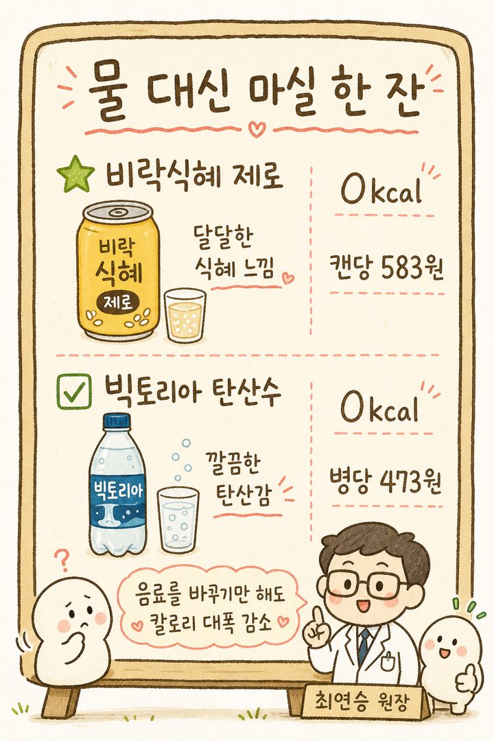 Hướng dẫn so sánh đồ uống theo phong cách menu quán cà phê. Bên trái là đồ uống Zero (Birak Shikhye Zero, nước khoáng có ga Victoria) với tên sản phẩm, dung tích, calo, giá cả và đặc điểm được hiển thị dưới dạng menu để dễ dàng lựa chọn