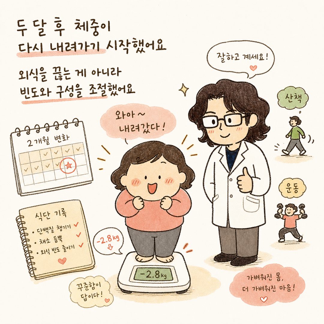 환자가 체중계에 올라서 감소한 수치를 보며 밝고 만족스러운 표정으로 미소 짓는 장면. 주변에 달력에 표시된 2개월 변화, 식단 기록 노트, 활기찬 일상 아이콘(산책, 운동)들이 배