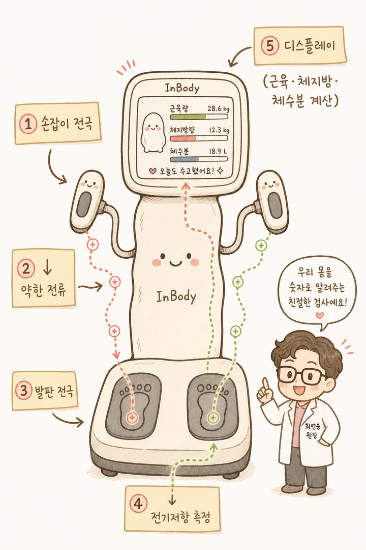 說明 InBody 機器主要部位的插圖。指向手把（電極）、踏板（電極）、顯示螢幕，並解釋微弱電流流動、電阻測量及身體組成分析結果的產生過程。