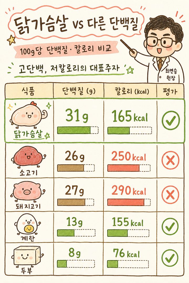 닭가슴살, 소고기, 돼지고기, 계란, 두부를 막대 그래프로 나열해 100g당 단백질 함량과 칼로리를 비교하는 테이블, 닭가슴살이 가장 높은 단백질과 낮은 칼로리 비율을 강조