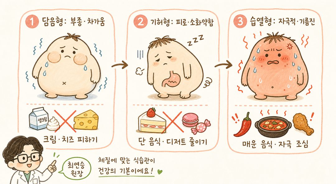 한의학 체질별 특징을 3명의 캐릭터 실루엣으로 표현. 담음형(부종과 무거움), 기허형(피로와 졸음), 습열형(화끈거림)의 모습을 신체 특징으로 시각화하고, 각 체질 아래 피해야 할