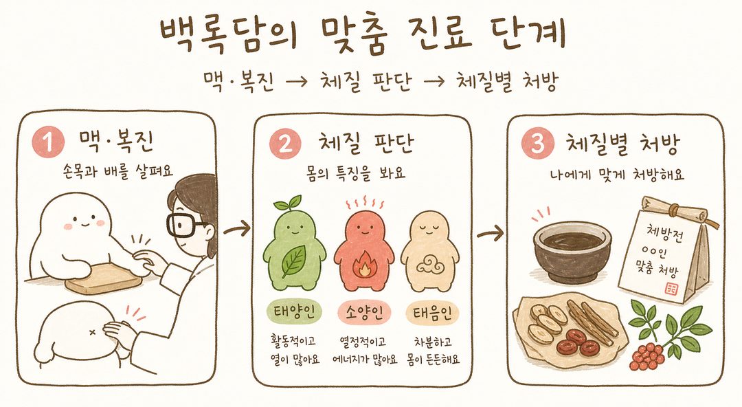 从左到右的3阶段箭头：① 脉诊·腹诊（医生手 + 患者手臂） ② 体质判断（3种体质图标） ③ 针对性处方（药碗与药材）。鲜明且简单的插画风格