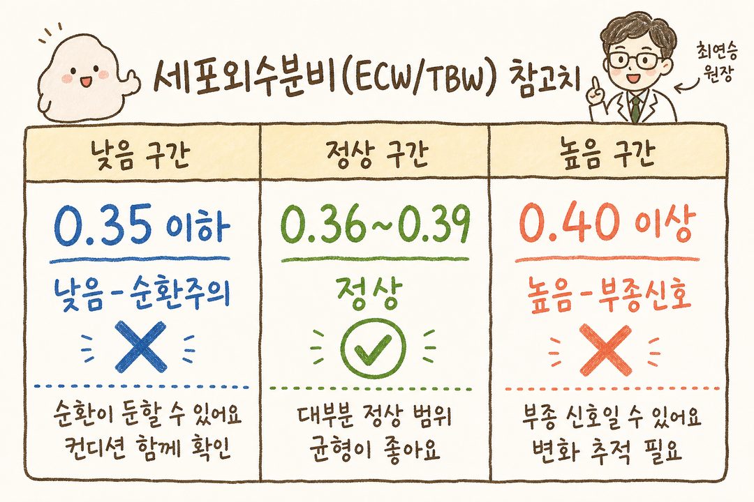 Bảng so sánh 3 cột chứa giá trị tham chiếu tỷ lệ nước ngoại bào (ECW/TBW). Giữa: '0.36~0.39 (Bình thường)' màu xanh lá cây, bên trái: 'Dưới 0.35 (Thấp - Cần lưu ý tuần hoàn)' màu xanh dương, bên phải: 'Trên 0.40 (Cao - Phù nề)'