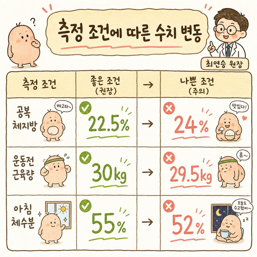 比較同一人在不同條件下測量結果的表格。顯示空腹/飯後、運動前/後、攝取水分前/後、早/晚等條件下，體脂肪率、肌肉量、體水分的差異。