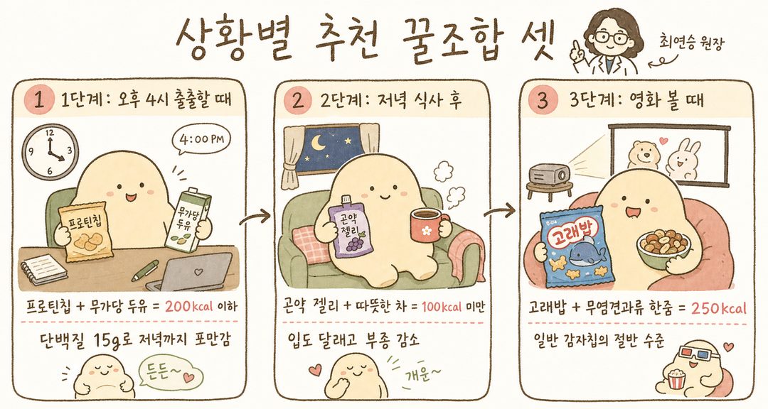 상황별 추천 간식 3단계 시퀀스 — 동일 캐릭터가 각 상황에서 권장 조합을 들고 있는 장면. 1단계: 오후 4시 책상에서 프로틴칩+무가당두유, 2단계: 저녁 소파에서 곤약젤리+따뜻