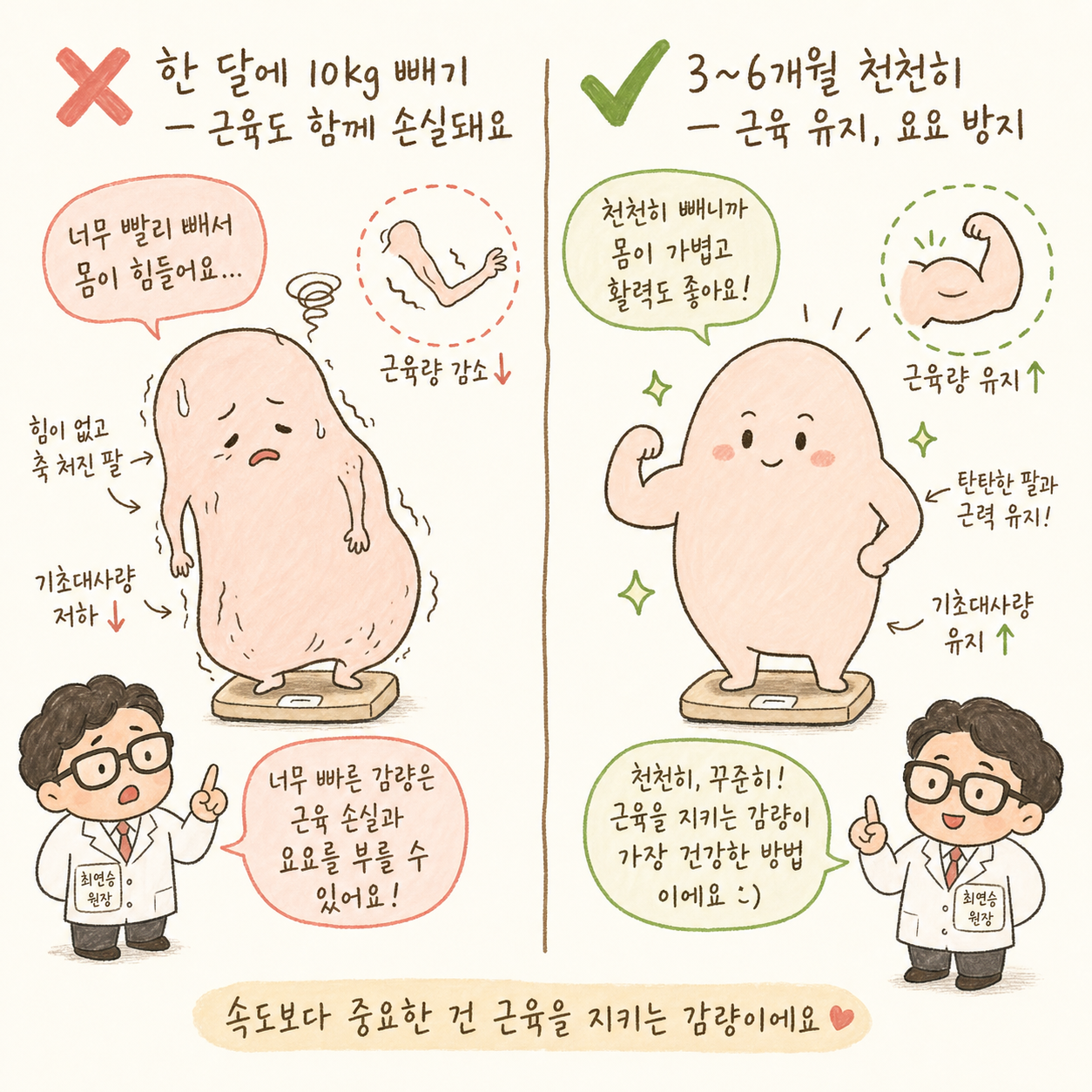 ダイエット速度に関するよくある誤解を視覚的に対比 — 左側に❌印と急激な速度(1ヶ月10kg)による筋肉減少の状況、右側に✅印と3〜6ヶ月かけてゆっくり進みながら筋肉を維持する様子