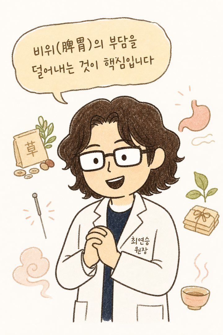 A doctor in white medical clothing explaining with hands together, with a background of soft-toned Korean medicine illustrations related to digestive health. The character conveys trust and expertise