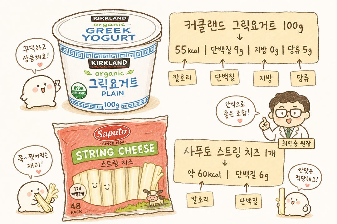 커클랜드 그릭요거트와 사푸토 스트링 치즈 제품 패키지를 크게 일러스트하고, 화살표로 핵심 영양정보(칼로리, 단백질, 지방, 탄수화물)를 가리켜 라벨링. Snifflenug 스타일의