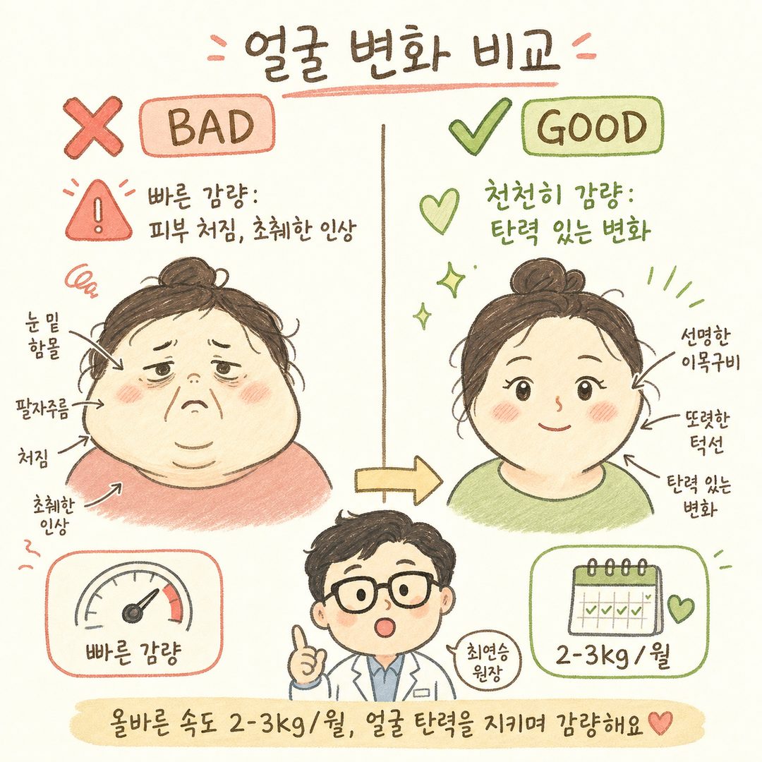以 Before/After 對比形式呈現減重前後的臉部變化。左側(Before)為圓潤輪廓、臉頰肉、雙下巴，右側(After)為清晰下顎線、鮮明五官