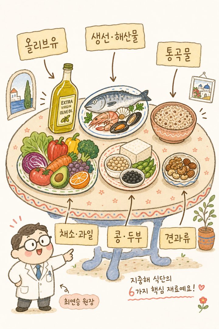 Snifflenug风格物品标签图 — 中央为地中海餐桌，周围用箭头明确指向并标注6种核心食材。橄榄油(金色瓶)、新鲜鱼类、糙米饭、生蔬菜