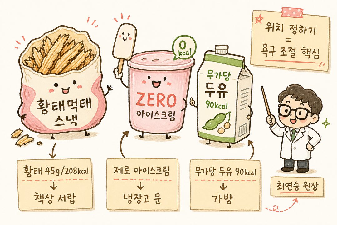 Vẽ 3 loại đồ ăn vặt kèm theo (Snack cá tuyết, kem không calo, sữa đậu nành không đường) với mũi tên và nhãn dán ghi chú calo, thông tin dinh dưỡng và vị trí bảo quản (ngăn kéo bàn làm việc/cánh cửa tủ lạnh/túi xách)