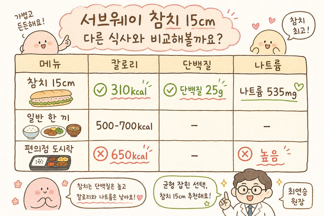 서브웨이 참치 15cm와 다른 식사 옵션(일반 식사, 편의점 도시락)의 칼로리·단백질·나트륨을 비교하는 표. 참치의 영양가를 한눈에 비교할 수 있는 구성