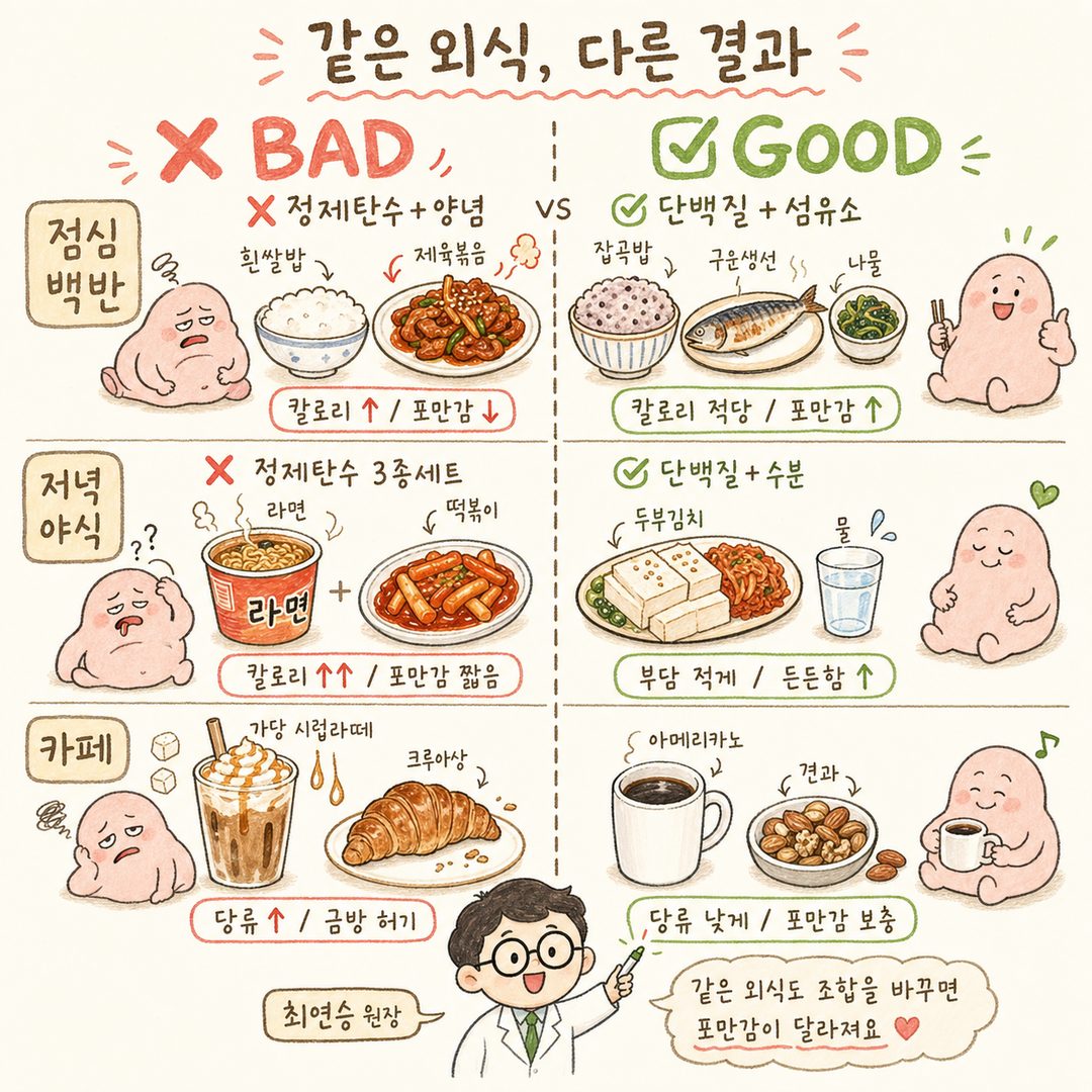 3种外食情况的❌vs✅左右对比 — (1)午餐套餐：白米饭+辣炒猪肉 vs 杂粮饭+烤鱼+凉拌菜，(2)深夜夜宵：拉面+炒年糕 vs 豆腐泡菜，(3)咖啡厅：加糖浆拿铁