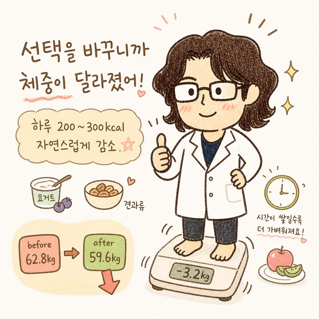캐릭터가 체중계 위에 서서 만족스러운 표정, 엄지손가락 올린 포즈로 다이어트 성공의 기쁨을 표현. 배경에는 건강한 간식 아이콘과 체중 감소를 상징하는 낮아진 수치 또는 시간 경과 