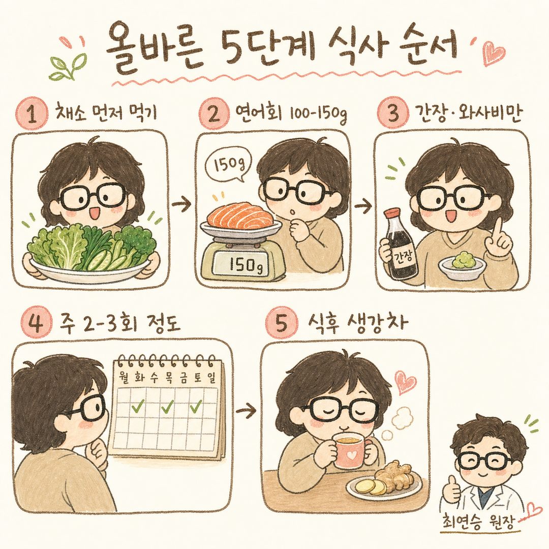 귀여운 캐릭터가 식사하는 5단계를 순차적으로 표현. 1단계: 채소 접시를 들고 밝은 표정, 2단계: 저울 위의 연어회 150g 확인, 3단계: 간장 병을 들고 살짝 드는 손 제스처