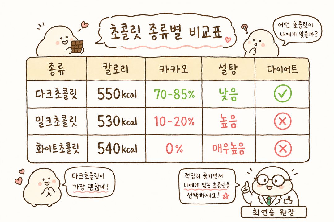 Hình ảnh trực quan hóa dữ liệu so sánh calo, hàm lượng cacao, hàm lượng đường và mức độ phù hợp khi giảm cân của các loại sô-cô-la (đen/sữa/trắng)