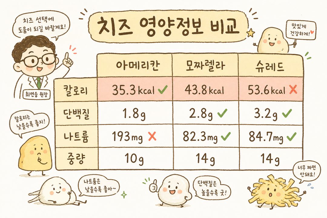 3欄(美式/摩佐羅拉/切絲) × 4列(熱量/蛋白質/鈉/重量)比較表。各單元格數值清晰，熱量列以強調色顯示。表格上方標有「起司營養資訊比較」
