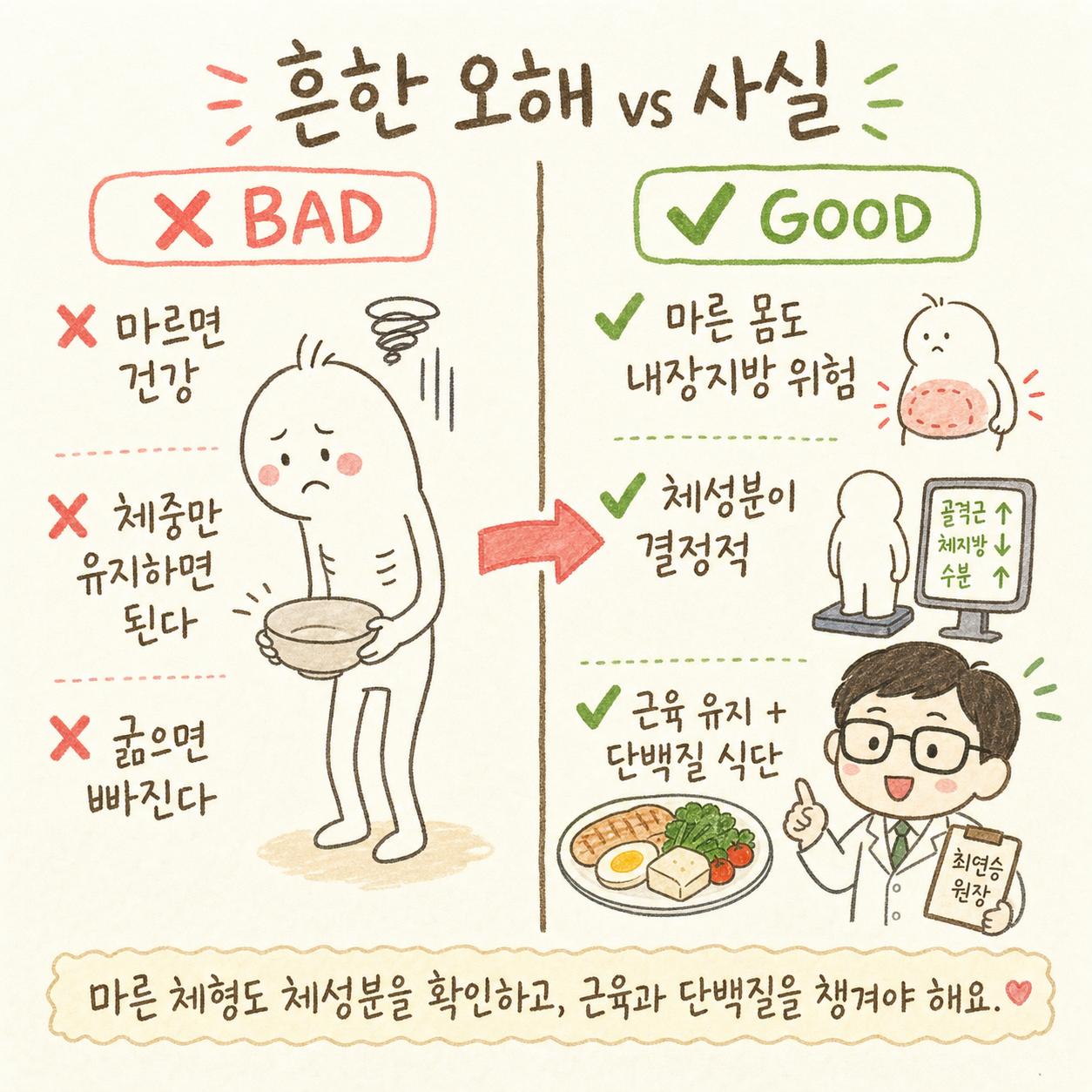 左側(✗)と右側(✓)に分かれたBefore/After。左側の誤解:「痩せていれば健康」「体重さえ維持すればいい」「食べなければ痩せる」 / 右側の事実:「痩せた体でも内臓脂肪のリスクあり」「筋肉を維持して脂肪を減らすのが重要」「極端な食事制限は筋肉を減らす」